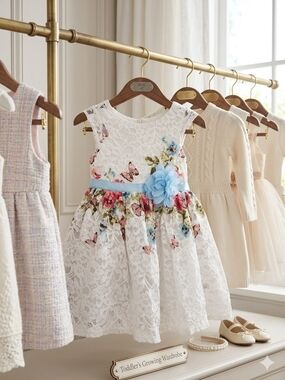 Lilt White Lace Floral Dress with Blue Sash & Flower, Size 4T, EPreLC